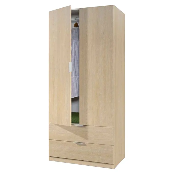 Armario para ropa LCX222 - L x An x Al: 52 x 81 x 180 cm, Roble - Armario de madera clara con dos puertas semiabiertas que muestran una prenda blanca y dos cajones inferiores.