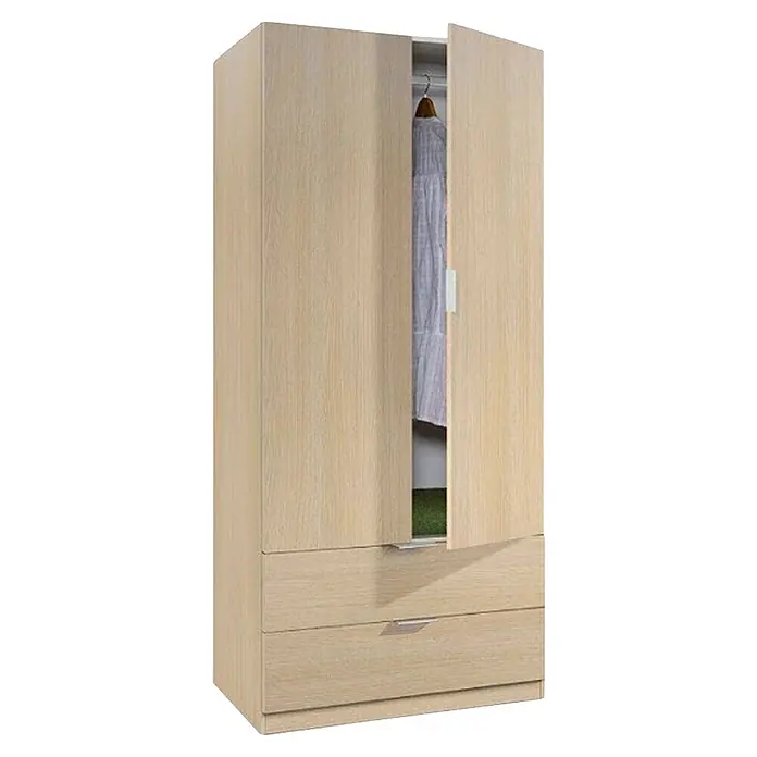Armario para ropa LCX222 - L x An x Al: 52 x 81 x 180 cm, Roble - Armario de madera clara con una puerta ligeramente abierta que revela una prenda colgada y dos cajones inferiores.