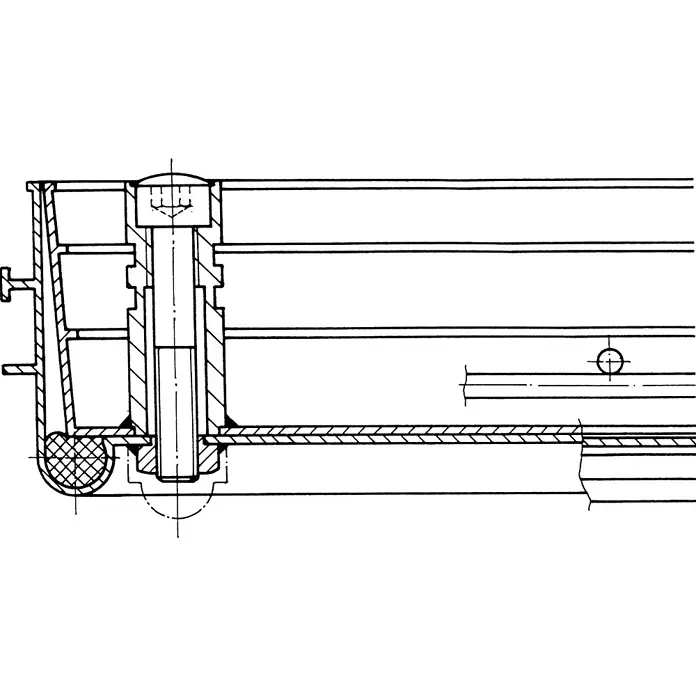 Zarges Mehrzweckleiter Aluminium Schachtabdeckung mit Wanne 300 mm x 300 mm - Aluminium - Technischer Querschnitt einer zylindrischen Komponente mit Endkappe, Zentralwelle und internen Strukturen.