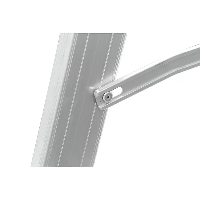 Hymer Mehrzweckleiter Mehrzweckleiter mit gebogener Traverse 3x6 Sprossen - Anzahl Tritte: 6 Stk., Arbeitshöhe: 5.000 m, Aluminium - Detailaufnahme eines silberfarbenen Aluminium-Leiterteils mit verschraubter Verbindung.