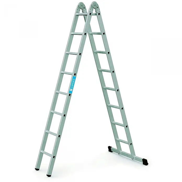 Zarges Mehrzweckleiter Mehrzweck-Klappleiter Combimaster X 2-teilig 2x8 Sprossen - Anzahl Tritte: 8 Stk., Arbeitshöhe: 5.450 m, Aluminium - Silberne ZARGES Aluminium-Mehrzweck-Klappleiter in A-Form.