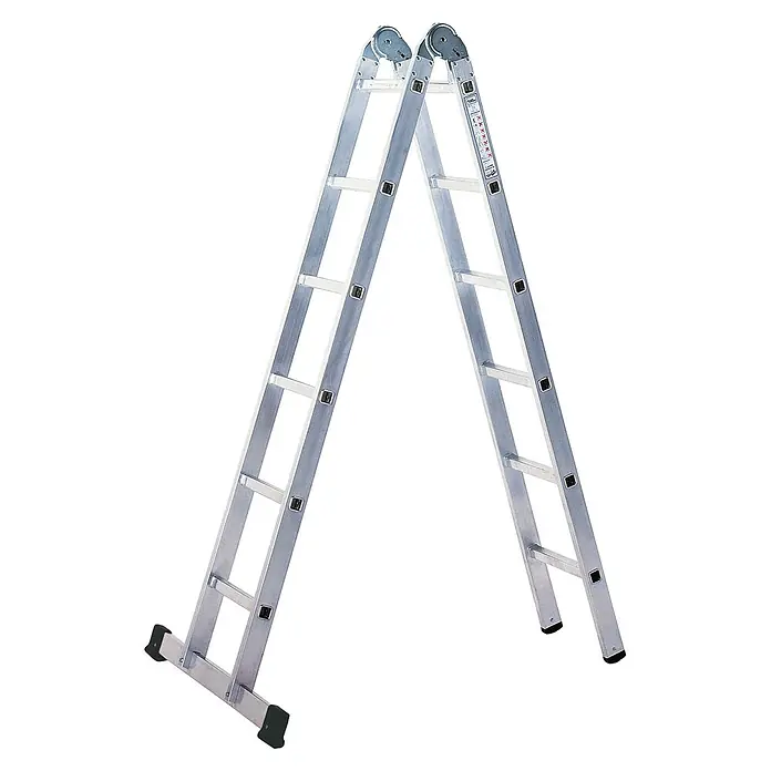 Iller Leiter Mehrzweckleiter Multifunktions- Klapp beidseitig begehbar mit 2x7 Sprossen und 4,95m AH - Anzahl Tritte: 7 Stk., Arbeitshöhe: 4.950 m, Aluminium - Silberne Aluminium-Mehrzweckleiter, wandelbar, als Stehleiter dargestellt.