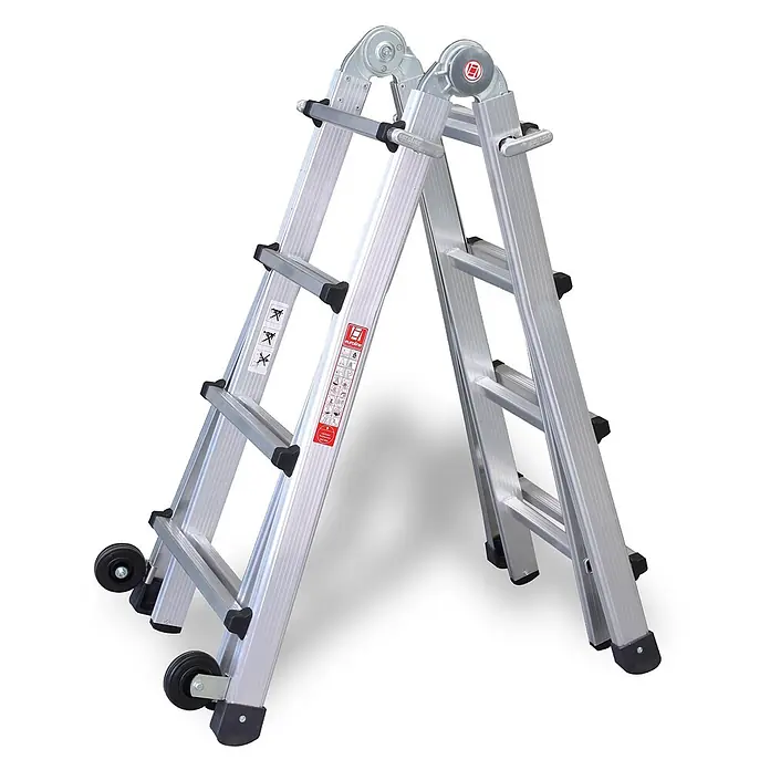 Euroline Mehrzweckleiter Premium 31621 Vario-Klappleiter mit Rollen 4x3 Sprossen - Anzahl Tritte: 3 Stk., Arbeitshöhe: 3.850 m, Aluminium - Silberne Aluminium-Mehrzweckleiter mit Klappgelenken und Transporträdern, als Stehleiter aufgestellt.