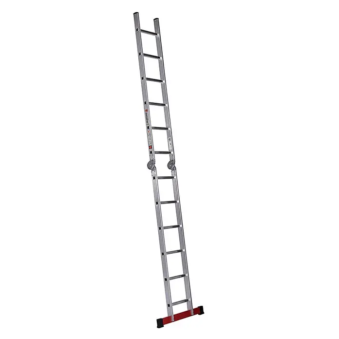 Euroline Mehrzweckleiter Premium 317 Klappleiter 2x6 Sprossen - Anzahl Tritte: 6 Stk., Arbeitshöhe: 4.350 m, Aluminium - Silberne Aluminium-Ausziehleiter mit rotem Fuß und schwarzen Füßen, teilweise ausgezogen.