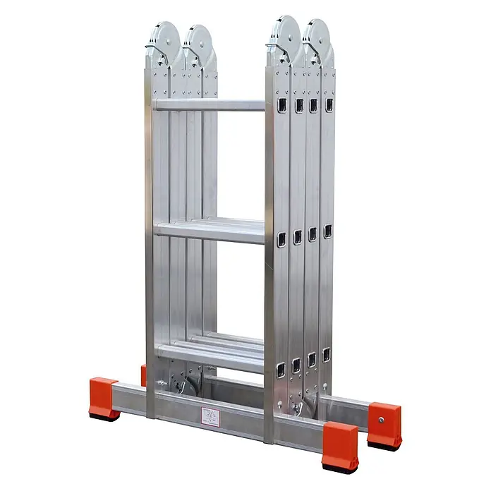 Siedra-Leitern Mehrzweckleiter Kofferraumleiter 985 4x3 Sprossen - Anzahl Tritte: 3 Stk., Arbeitshöhe: 3.600 m, Aluminium - Vielseitige Aluminium-Klappleiter in Silber mit orangefarbenen Sicherheitsfüßen, kompakt aufrecht stehend.