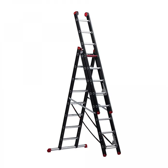 Altrex Mehrzweckleiter Mounter Mehrzweckleiter ZR 3055 3x8 Sprossen - Anzahl Tritte: 8 Stk., Arbeitshöhe: 7.700 m, Aluminium - Schwarze und silberne Mehrzweckleiter mit roten Akzenten, als Stehleiter aufgestellt.