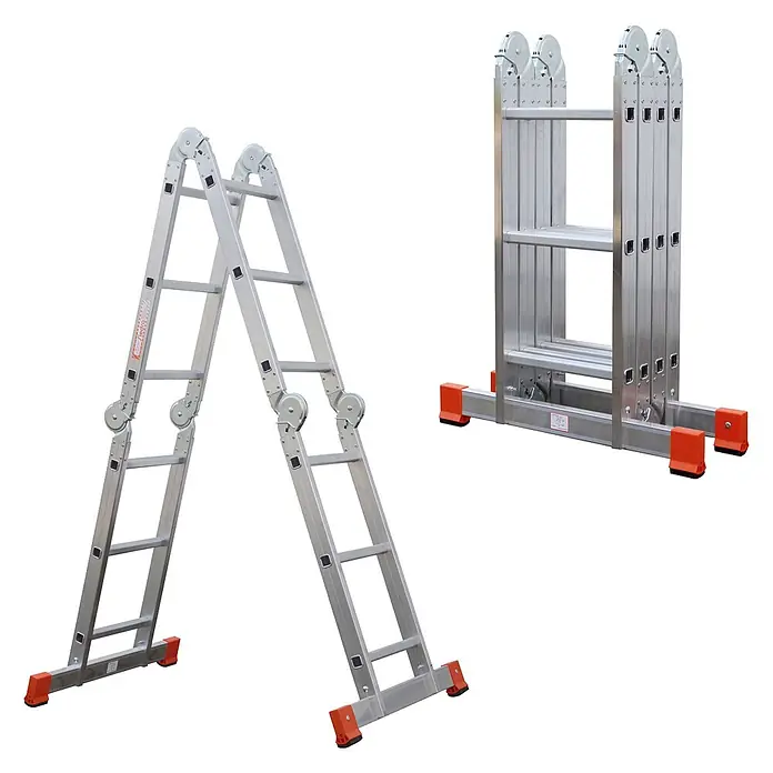 Siedra-Leitern Mehrzweckleiter Kofferraumleiter 985 4x3 Sprossen - Anzahl Tritte: 3 Stk., Arbeitshöhe: 3.600 m, Aluminium - Silberne Aluminium-Mehrzweck-Klappleiter in A-Rahmen- und Gerüstkonfiguration, mit orangefarbenen Füßen.