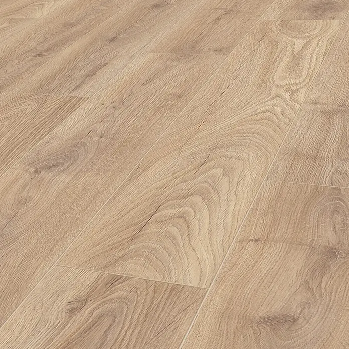 Krono Original Laminatmuster Comfort Silent Cork - Biscotti Oak, 297 x 195 x 8 mm, Landhausdiele - Heller Laminatboden in Holzoptik mit sichtbarer Maserung, in Dielen verlegt.