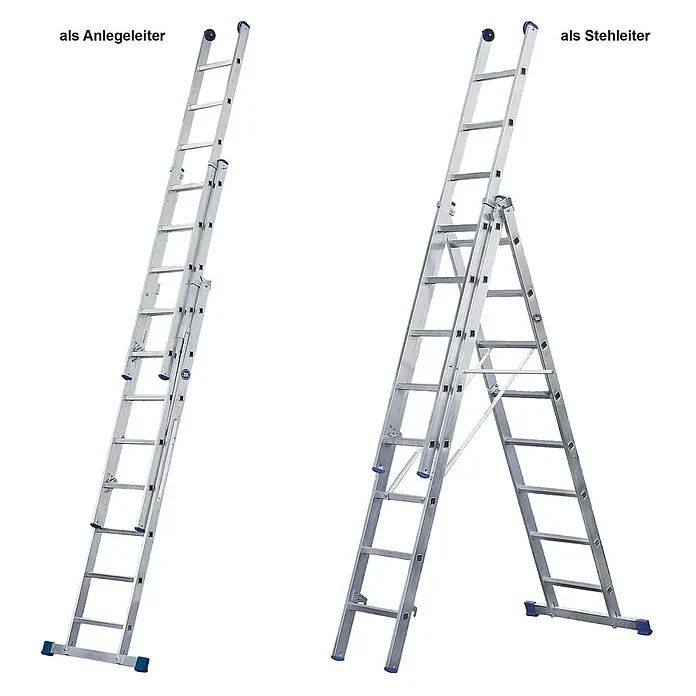Iller Leiter Mehrzweckleiter Mehrzweck Eurostars 3x7 Sprossen - Anzahl Tritte: 7 Stk., Arbeitshöhe: 5.800 m, Aluminium - Silberne Alu-Mehrzweckleiter als Anlegeleiter und Stehleiter dargestellt, mit blauen Füßen.