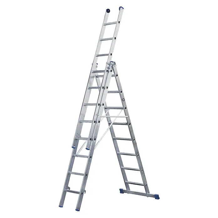 Iller Leiter Mehrzweckleiter Mehrzweck Eurostars 3x7 Sprossen - Anzahl Tritte: 7 Stk., Arbeitshöhe: 5.800 m, Aluminium - Silberne Aluminium-Mehrzweckleiter, als Stehleiter mit Verlängerung konfiguriert, mit blauen Kappen.