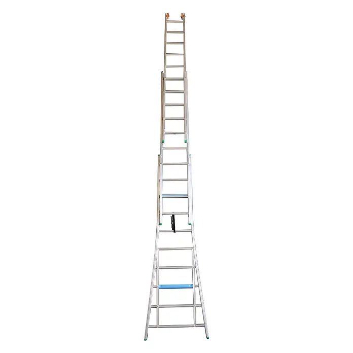 ASC Schiebeleiter VGS Schiebeleiter 3x9 Sprossen - Anzahl Tritte: 9 Stk., Arbeitshöhe: 6.250 m, Aluminium - Ausziehbare Aluminium-Mehrzweckleiter in Silber mit orangefarbenen Kappen und blauen Sprossen, grünen Anti-Rutsch-Füßen.