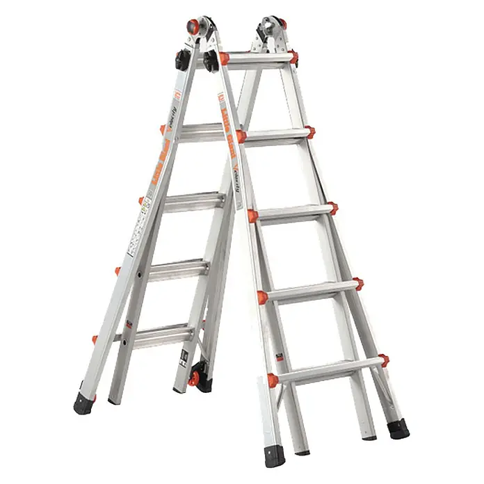 Altrex Mehrzweckleiter Vielzweckleiter Velocity Little Giant 4x6 Sprossen - Anzahl Tritte: 6 Stk., Arbeitshöhe: 7.680 m, Aluminium - Silberne Aluminium-Mehrzweckleiter mit orangefarbenen Akzenten, verstellbar für verschiedene Aufgaben.