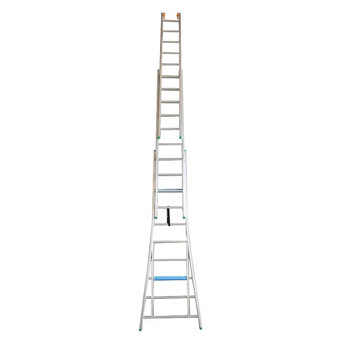 ASC Schiebeleiter VGS Schiebeleiter 3x9 Sprossen - Anzahl Tritte: 9 Stk., Arbeitshöhe: 6.250 m, Aluminium - Eine ausgefahrene silberne Aluminium-Mehrzweckleiter mit grünen Füßen, orangefarbenen oberen Kappen und einer blauen Stufe.