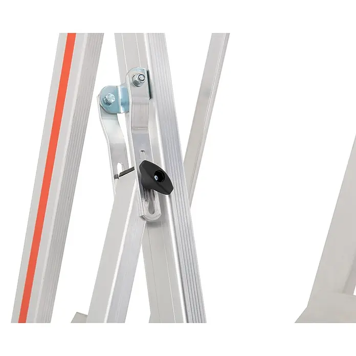 Hymer Treppenpodest Plattformleiter ProTect C 3 Stufen - Anzahl Tritte: 3 Stk., Arbeitshöhe: 2.690 m, Aluminium - Silbernes Aluminium-Leiterscharnier mit schwarzem Einstellknopf.