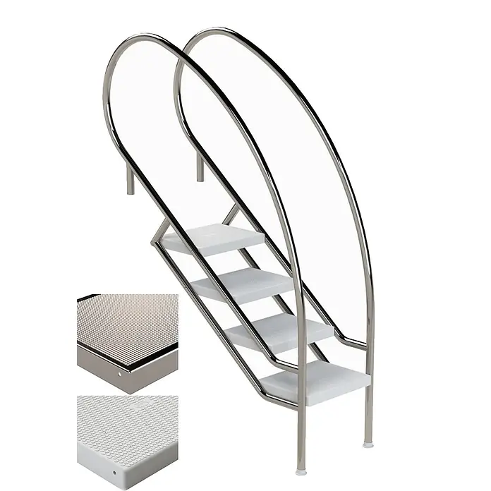 Ideal Eichenwald Mehrzweckleiter Pooltreppe Modell 08.2 Miami Swing Beckentiefe 1599mm Ausladung 1588mm 6 AB - Anzahl Tritte: 6 Stk., Belastbarkeit: 120 kg, Edelstahl - Pooltreppe mit glänzenden Edelstahl-Handläufen und vier weißen, rutschfesten Stufen.