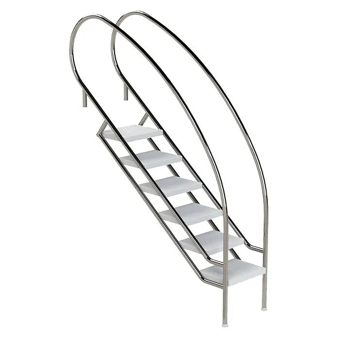 Ideal Eichenwald Mehrzweckleiter Pooltreppe Modell 08.2 Miami Swing Beckentiefe 1599mm Ausladung 1588mm 6 AB - Anzahl Tritte: 6 Stk., Belastbarkeit: 120 kg, Edelstahl - Edelstahl-Poolleiter mit weißen Stufen und gebogenen Handläufen.