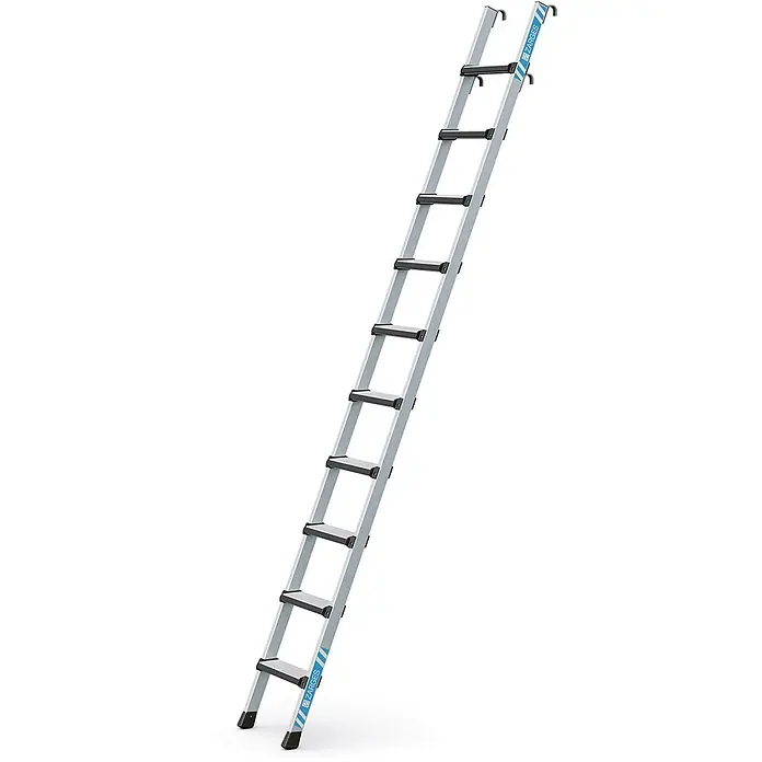 Zarges Mehrzweckleiter Regaleinhängeleiter Comfortstep LH mit 10 Sprossen - Anzahl Tritte: 10 Stk., Arbeitshöhe: 3.490 m, Aluminium - Silberne Aluminiumleiter mit schwarzen Anti-Rutsch-Sprossen und oberen Haken.