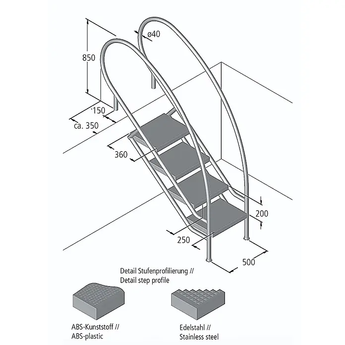 Ideal Eichenwald Mehrzweckleiter Pooltreppe Modell 08.2 Miami Swing Beckentiefe 1599mm Ausladung 1588mm 6 AB - Anzahl Tritte: 6 Stk., Belastbarkeit: 120 kg, Edelstahl - Silberne 4-stufige Leiter mit gebogenen Handläufen und sichtbaren Abmessungen.