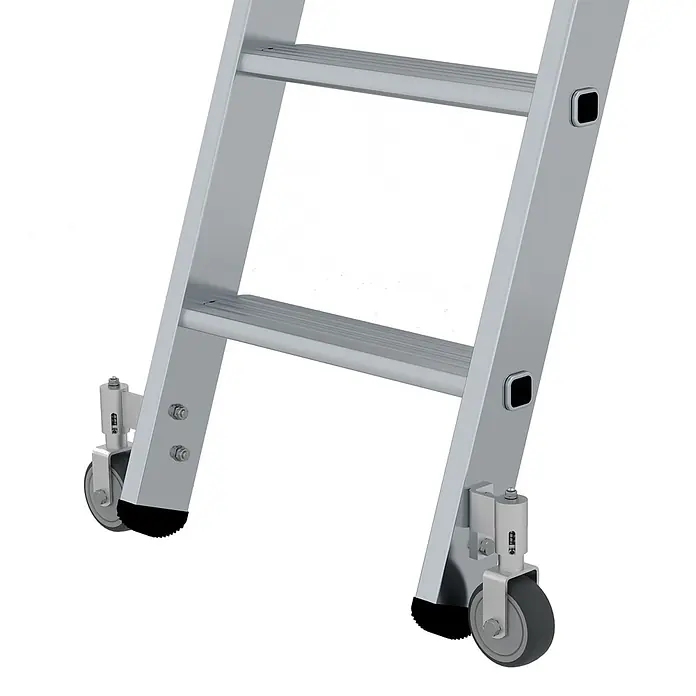 Zarges Mehrzweckleiter Regalleiter fahrbar Comfortstep Trec LH 6 Stufen - Anzahl Tritte: 6 Stk., Arbeitshöhe: 2.750 m, Aluminium - Leiterunterteil aus silbernem Aluminium mit integrierten Rollen und schwarzen Gummifüßen.