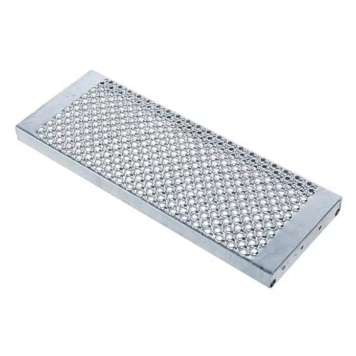 Zarges Treppenpodest Überstieg 45° 600mm Stufenbreite 4 Stufen -  - Rechteckige silberne rutschfeste Gitterrostplatte aus verzinktem Metall mit Lochmuster.