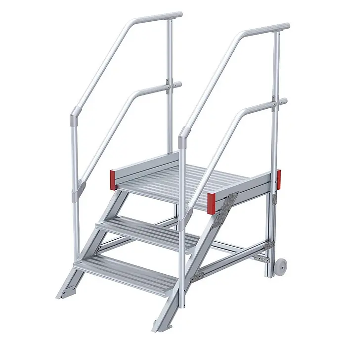 Euroline Treppenpodest 514 Anstieg 45° 1000mm Stufenbreite 3 Stufen Alu gerieft - Anzahl Tritte: 3 Stk., Aluminium - Industrielle Aluminium-Treppenleiter mit drei rutschfesten Stufen, Plattform, doppelten Handläufen und Hinterrädern.