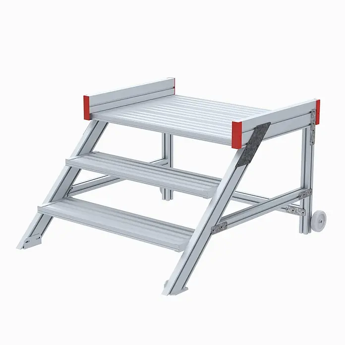 Euroline Treppenpodest 514 Anstieg 45° 1000mm Stufenbreite 3 Stufen Alu gerieft - Anzahl Tritte: 3 Stk., Aluminium - Silberne, fahrbare 3-Stufen-Plattform mit roten Kappen.
