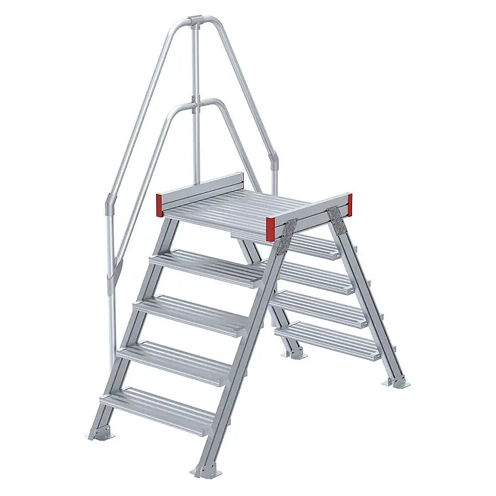 Euroline 512 Überstieg 60° 800mm Stufenbreite 2x5 Stufen Alu gerieft -  - Industrielle Aluminium-Treppenleiter mit Plattform und Sicherheitsgeländern.