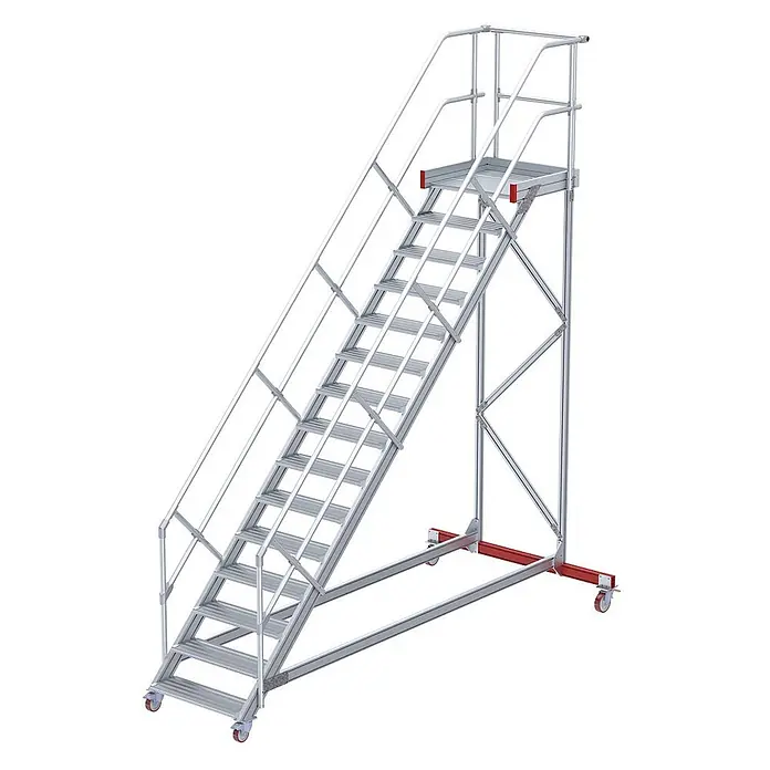 Euroline Treppenpodest 513 Wartungsbühne 45° 800mm Stufenbreite 15 Stufen Alu gerieft - Anzahl Tritte: 15 Stk., Aluminium - Mobile Industrie-Aluminiumtreppe mit rutschfesten Stufen, Geländern, einer oberen Plattform und Rollen für einfache Versetzung.