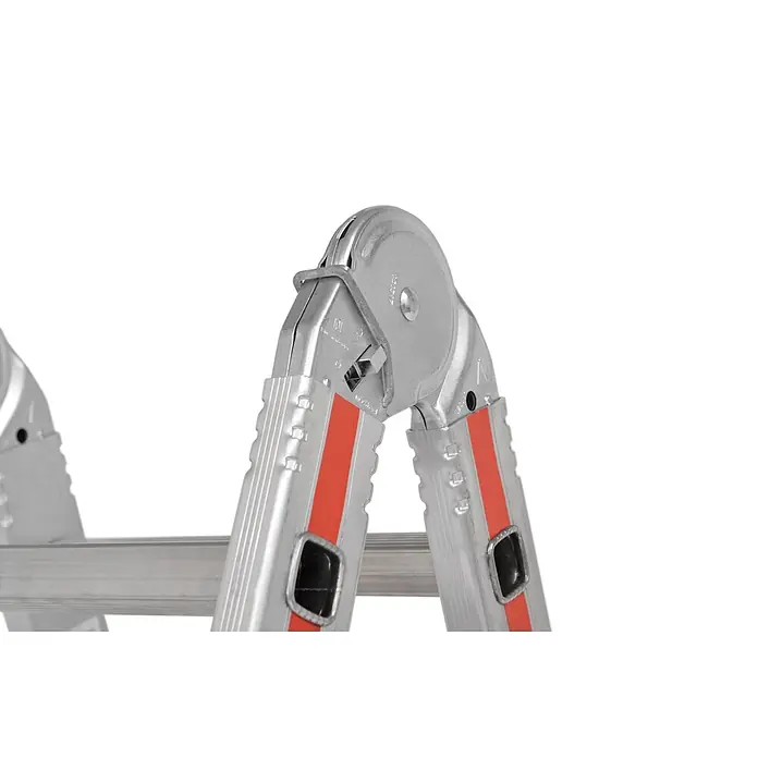 Hymer Teleskopleiter Teleskopleiter 4x5 Sprossen - Anzahl Tritte: 5 Stk., Arbeitshöhe: 6.100 m, Aluminium - Silbernes Metallscharnier einer klappbaren Mehrzweckleiter, mit roten Streifen an den Leiterholmen.