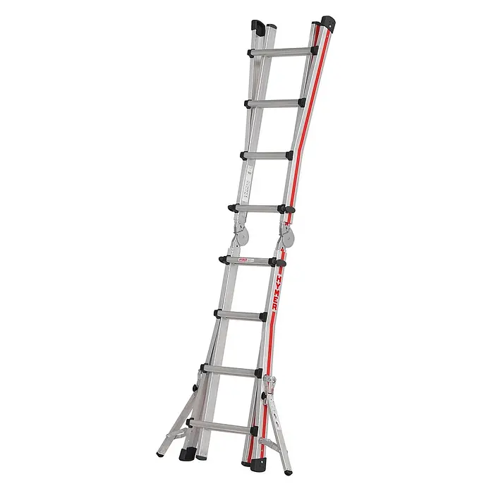 Hymer Mehrzweckleiter Teleskopleiter 4x4 Sprossen - Anzahl Tritte: 4 Stk., Arbeitshöhe: 5.000 m, Aluminium - Silberne Aluminium-Mehrzweckleiter mit roten Akzenten und schwarzen Fußkappen, im A-Rahmen als Stehleiter aufgestellt.