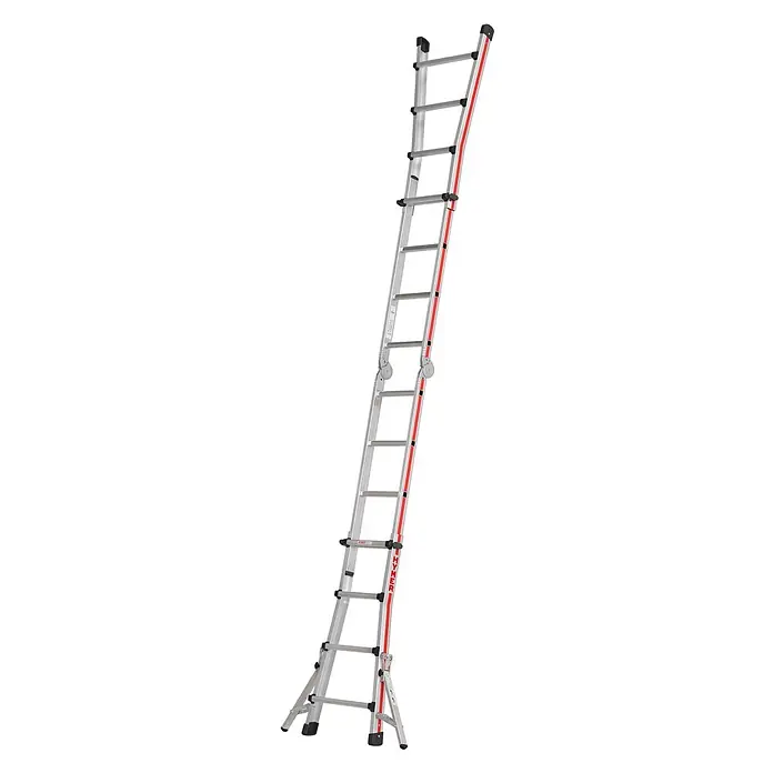 Hymer Mehrzweckleiter Teleskopleiter 4x4 Sprossen - Anzahl Tritte: 4 Stk., Arbeitshöhe: 5.000 m, Aluminium - Ausziehbare silberne Aluminium-Mehrzweckleiter mit roten und schwarzen Details.