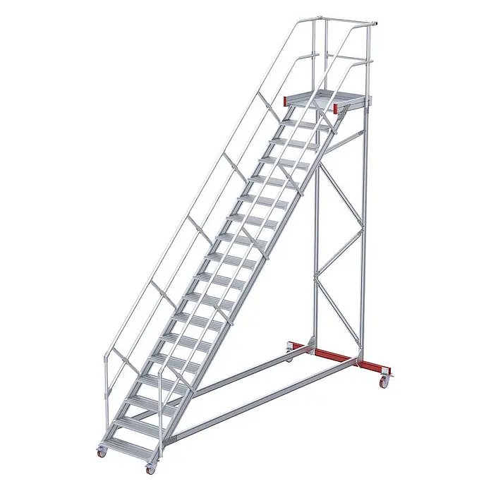 Euroline Treppenpodest 513 Wartungsbühne 45° 1000mm Stufenbreite 18 Stufen Alu gerieft - Anzahl Tritte: 18 Stk., Aluminium - Mobile Industrie-Aluminiumtreppe mit silber-grauen Stufen, Sicherheitsgeländern, Plattform und rotem Rollgestell für sicheren Zugang.