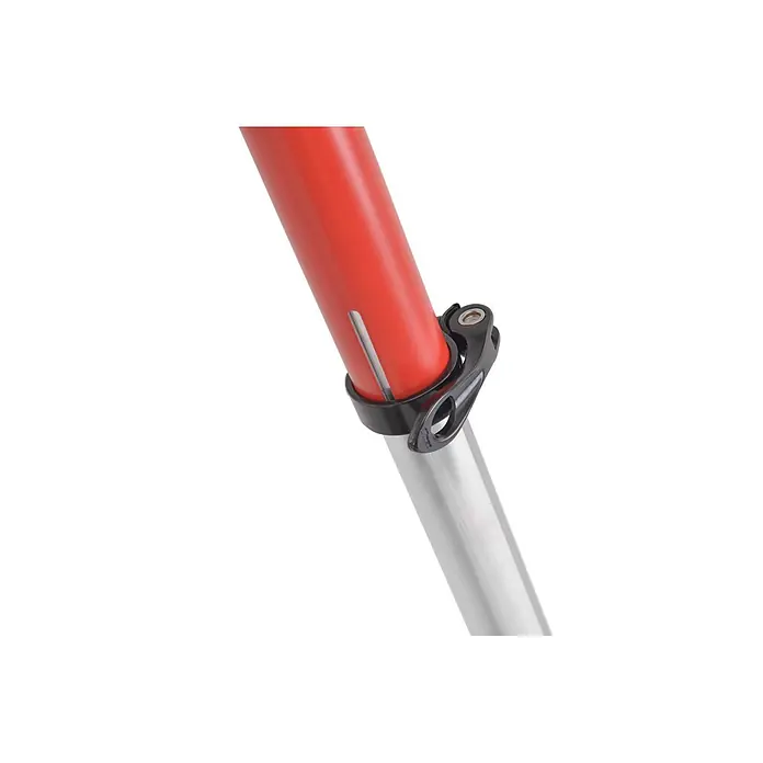 Hymer Teleskopleiter Plattformleiter Protect+ mit Teleskopausleger und Sicherheitstüren 5-8 Spr - Arbeitshöhe: 3.770 m, Aluminium - Rote und silberne Teleskopstange mit schwarzer Schnellspannklemme.
