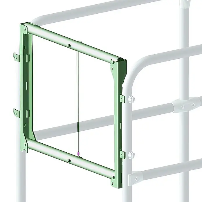 Zarges Treppenpodest Fallschranke für Podesttreppen -  - Hellgrüner Metall-Sicherheitstorrahmen zur Integration in ein modulares Geländersystem.