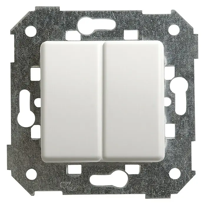 Simon 27 Conmutador - Blanco, Brillante, Montaje en superficie, 10 A - Interruptor de luz doble con soporte metálico. El producto es un interruptor práctico para la iluminación interior.