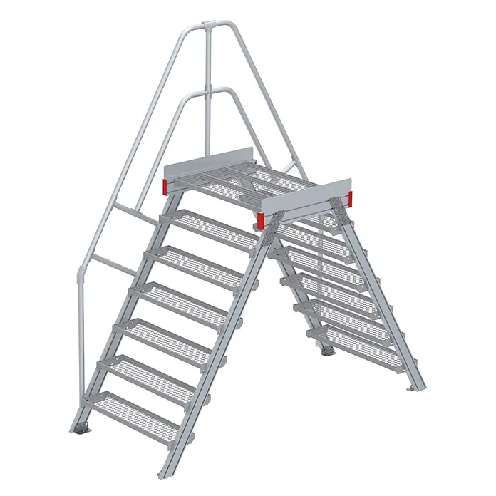 Euroline Treppenpodest 512 Überstieg 60° 1000mm Stufenbreite 2x7 Stufen Stahl Gitterrost -  - Silber-graue Aluminium-Übertrittsplattform mit zwei Treppen, Gitterroststufen und Handläufen für sicheren Zugang.