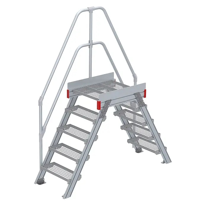 Euroline Treppenpodest 512 Überstieg 60° 600mm Stufenbreite 2x5 Stufen Stahl Gitterrost -  - Silberne Industriekreuzungsplattform mit zwei Treppen, Gitterstufen und Handläufen.