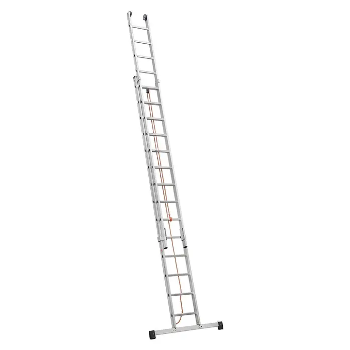 Iller Leiter Seilzugleiter Schiebe in Industriequalität mit Seilzug und Traverse 2x20 Sprossen - Anzahl Tritte: 20 Stk., Arbeitshöhe: 11.200 m, Aluminium - Silberne Aluminium-Ausziehleiter mit Seilzugsystem, oberen Rollen und stabilisierender Basis.