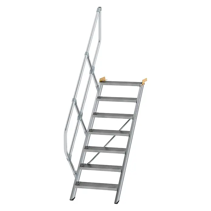 Munk Außentreppe Treppe 45° inkl. einen Handlauf, 600mm Stufenbreite, 7 Stufen -  - Silberne Aluminium-Zugangstreppe mit grauem Handlauf und geriffelten Stufen.