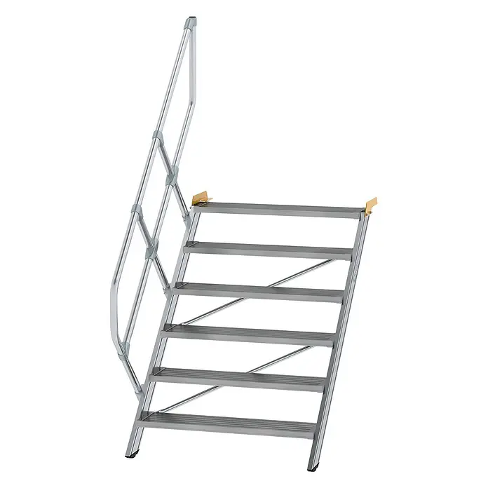 Munk Außentreppe Treppe 45° inkl. einen Handlauf, 1000mm Stufenbreite, 6 Stufen - Anzahl Steigungen: 6 Stk. - Tragbare Aluminiumtreppe in Silber mit Geländer, sechs Stufen.