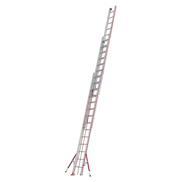Hymer Seilzugleiter Seilzugleiter klappbarer Teleskopausleger 3x14 Sprossen - Arbeitshöhe: 10.430 m, Aluminium - Silberne Anlegeleiter mit roten Akzenten und ausklappbaren Stützfüßen.