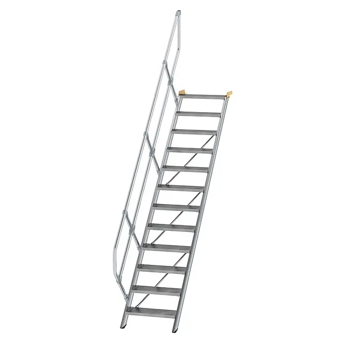 Munk Außentreppe Treppe 45° inkl. einen Handlauf, 600mm Stufenbreite, 12 Stufen -  - Tragbare Zugangsleiter aus silberfarbenem Aluminium mit strukturierten Stufen und einseitigem Handlauf.