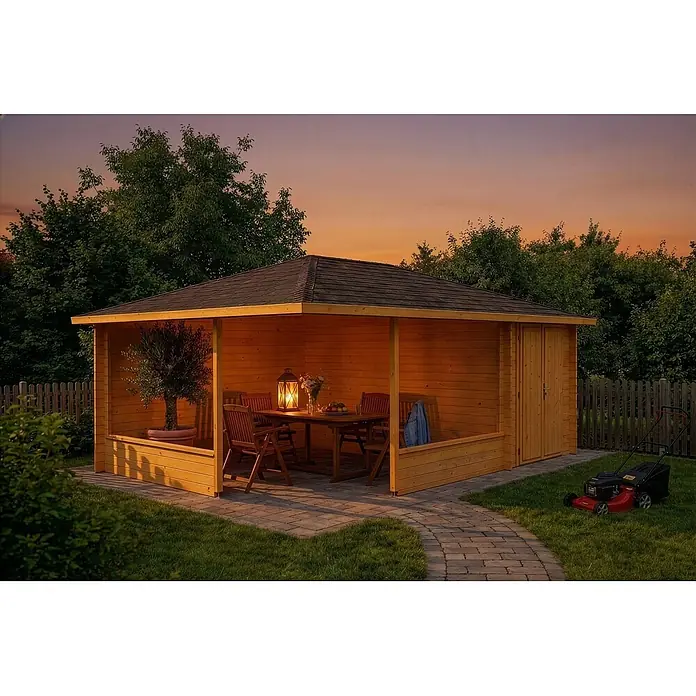 Alpholz Gartenlaube Maik - Außenmaß inkl. Dachüberstand (B x T): 585 x 415 cm, Holz, Pinie - Eine hölzerne Gartenlaube mit dunklem Dach und offenen Seiten, mit Esstisch und leuchtender Laterne im Inneren, abends im Garten.