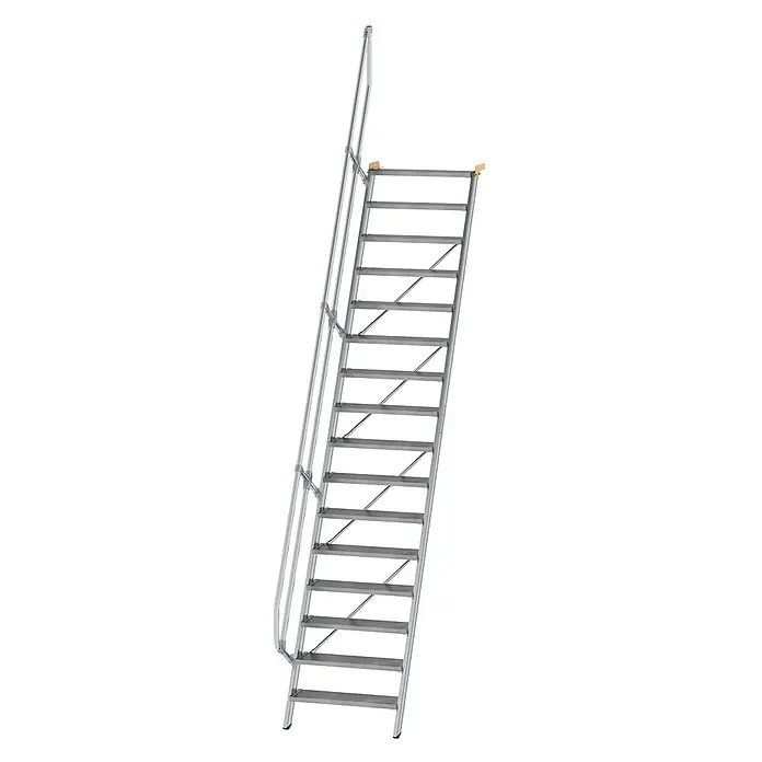 Munk Außentreppe Treppe 60° inkl. einen Handlauf, 800mm Stufenbreite, 16 Stufen -  - Silberne Aluminium-Schrägleiter mit stabilem Handlauf und breiten Stufen für sicheren Zugang.