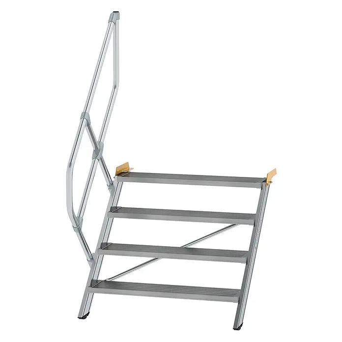 Munk Außentreppe Treppe 45° inkl. einen Handlauf, 1000mm Stufenbreite, 4 Stufen -  - Silbergraue, tragbare Aluminiumtreppe mit vier Stufen und abnehmbarem Geländer.