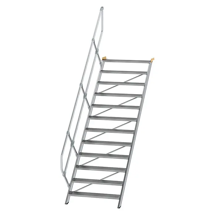 Munk Außentreppe Treppe 45° inkl. einen Handlauf, 1000mm Stufenbreite, 12 Stufen - Anzahl Steigungen: 12 Stk. - Silbergraue Aluminium-Mobilzugangstreppe mit Handlauf für sicheren Aufstieg.