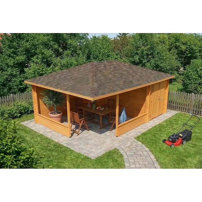 Alpholz Gartenlaube Maik - Außenmaß inkl. Dachüberstand (B x T): 585 x 415 cm, Holz, Pinie - Holzgartenpavillon mit braunem Schindeldach, offenem Terrassenbereich mit Möbeln und geschlossenem Geräteschuppen.