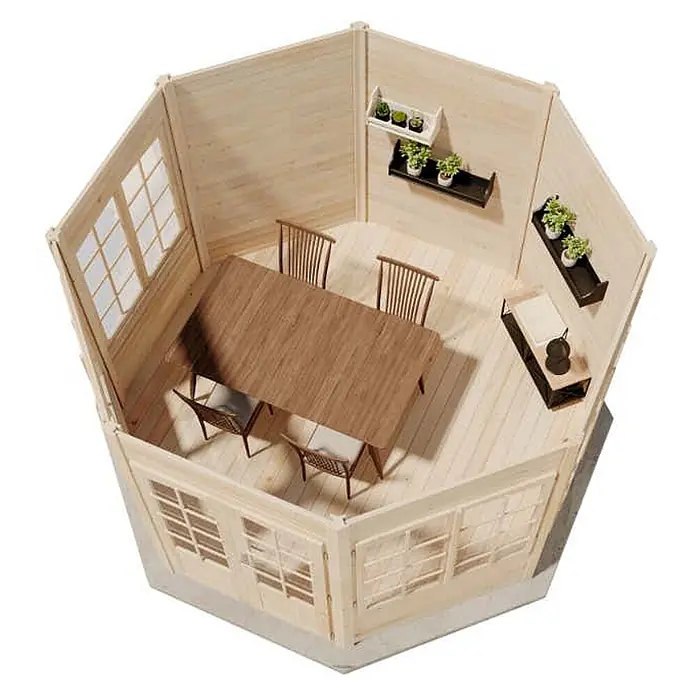 Alpholz Gartenpavillon Emma 40 Fenstern - Außenmaß inkl. Dachüberstand (B x T): 396 x 396 cm, Holz, Naturbelassen - Achseckiger Gartenpavillon aus hellem Holz mit Fenstern, Esstisch, Stühlen und Pflanzenregalen.
