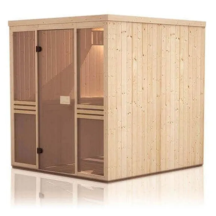 FinnTherm Massivholzsauna Karina - L x B x H: 194 x 175 x 199 cm - Kompakte helle Holzsaunakabine mit Glastür und Frontplatten.