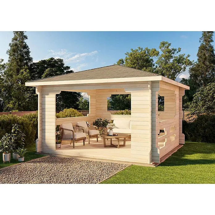 Alpholz Gartenpavillon Ibiza - Außenmaß inkl. Dachüberstand (B x T): 440 x 440 cm, Holz, Naturbelassen - Helles Holz-Gartenpavillon mit offenen Seiten und grauem Dach, ausgestattet mit Sitzgelegenheiten.